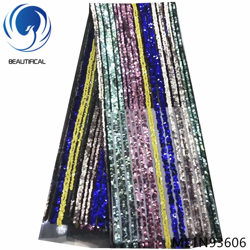 

BEAUTIFICAL african lace fabrics Hot sale sequins Striped net lace fabric for dress nigerian lace fabric 5yards ML1N936