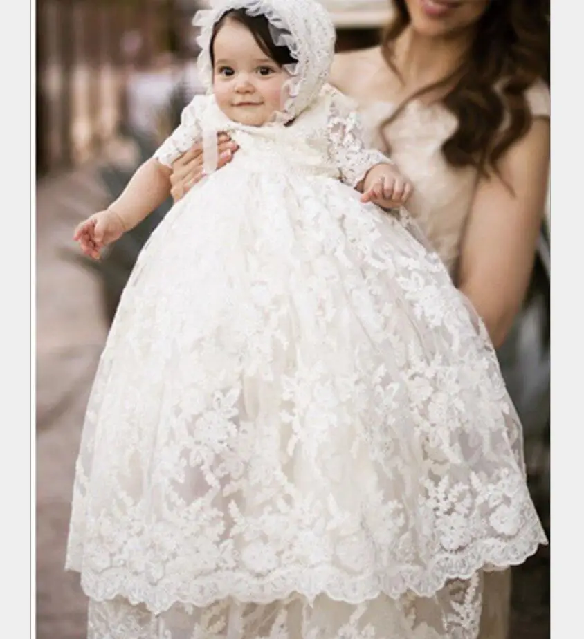 Очаровательное платье на крестины для маленьких девочек крещения с кружевной