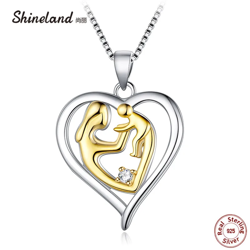

Shineland Mother Hold Baby Heart Charm Necklaces 925 Sterling Sliver Trendy AAA Zircon Pendant Jewelry Mother's Day Gift for Mom