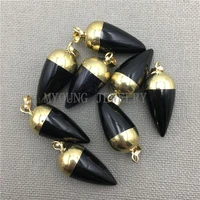 circular cone onyx petite point pendant with pure gold color cap and bailblack agates point charm for diy jewelry my0244
