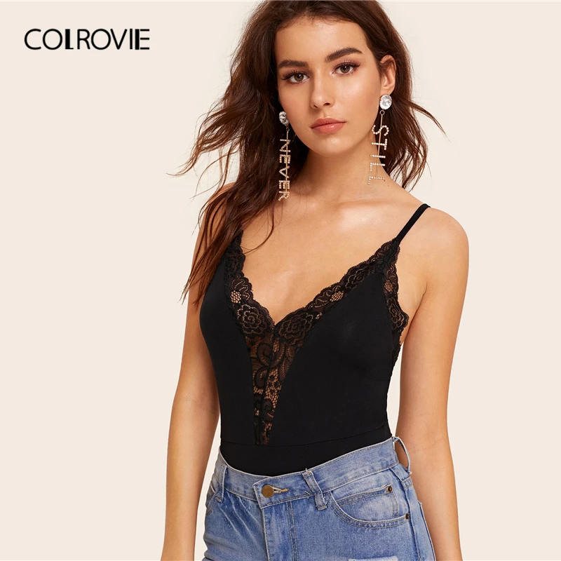 COLROVIE черные однотонные глубоким вставкой из кружева сексуальное платье на бретельках боди Для женщин летнее платье без рукавов с глубоким треугольным вырезом, узкие женские боди