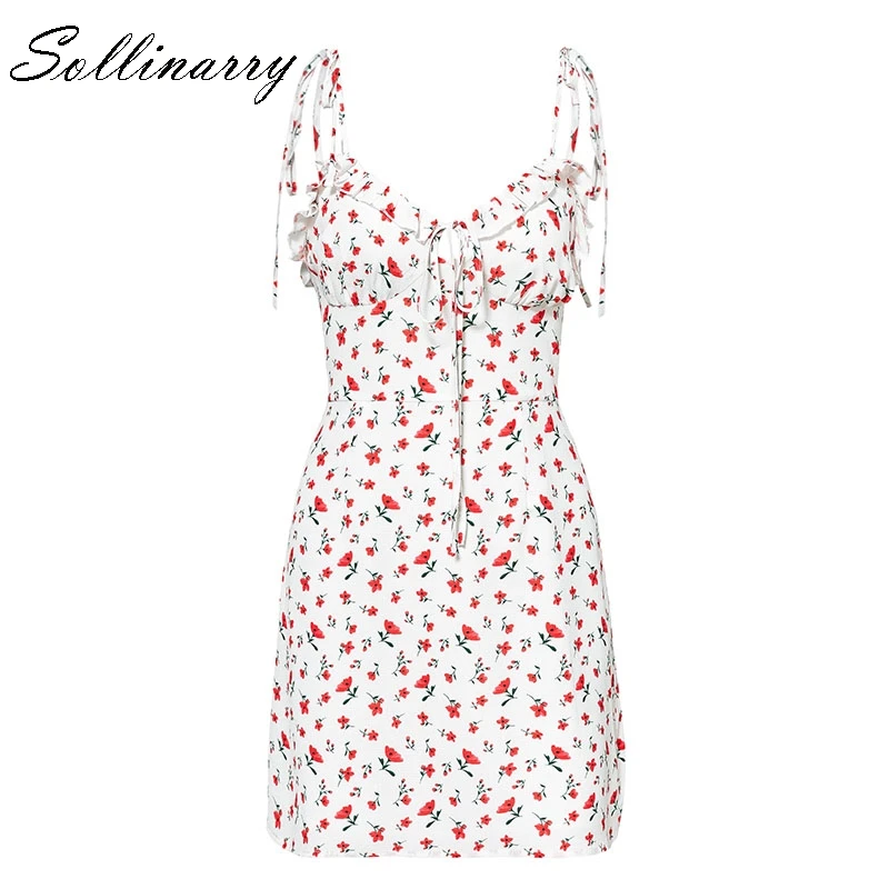 Sollinarry Bodycon Floral Print Short Dress Women Summer Sweet Holiday Sexy Beach Dresses Femme Lace Up Chiffon Vestidos | Женская