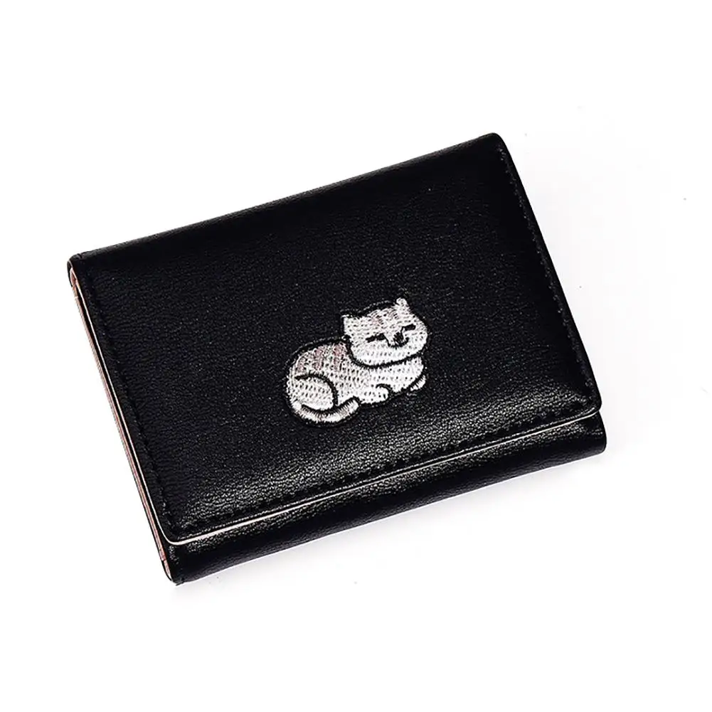Кошелек женский простой с вышивкой в виде кота короткий три сложения|Женские