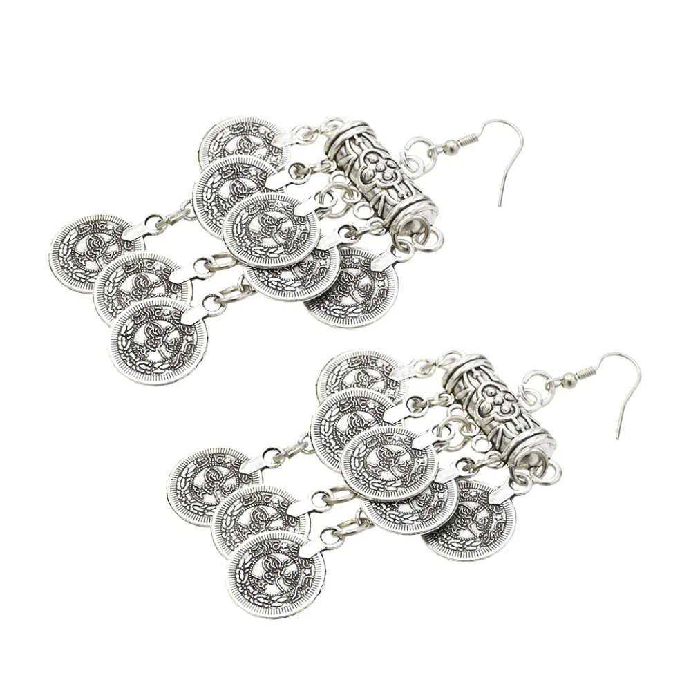 Афганский окисленное серебро Монета этнические сережки в виде капелек Jhumka Индийский Большой длинной кисточкой серьги для Для женщин Винтаж Египет ювелирные украшения в этническом стиле