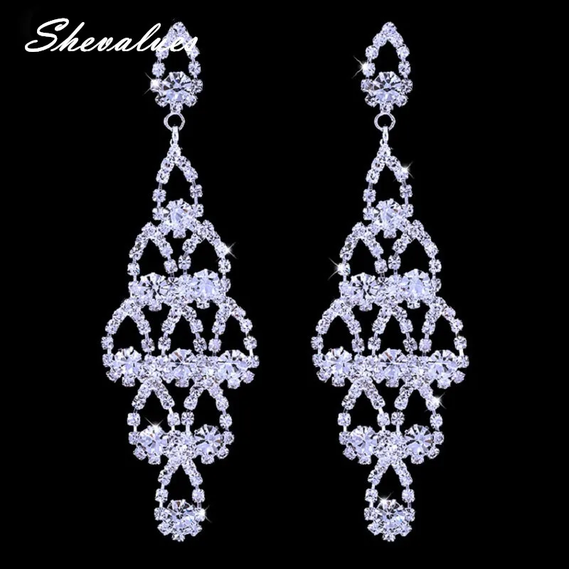 SHEVALUES роскошные стразы большие висячие серьги люстра Хрустальная под серебро серьги с ниспадающими кисточками каплевидные свадебные серьги