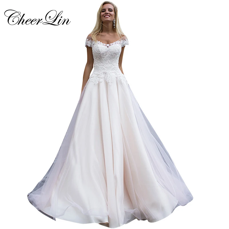 Cheerlin Лодка Шеи Свадебные Платья Тюль Крышку Атласа Кружева Аппликации