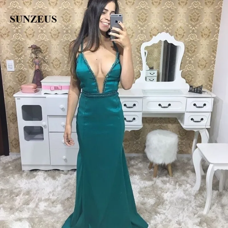 

Deep Sweetheart Satin Prom Dresses Beading Straps Back Criss-Cross Mermaid Formal Dresses for Girls bestidos de fiesta SP22