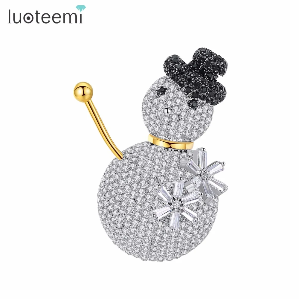 LUOTEEMI Silver tone New Fashion Gorgeous Tiny CZ Crystal Paved Cute Snowman Brooch Pin For Women Kids Christmas Gift Broche|pins for women|brooch