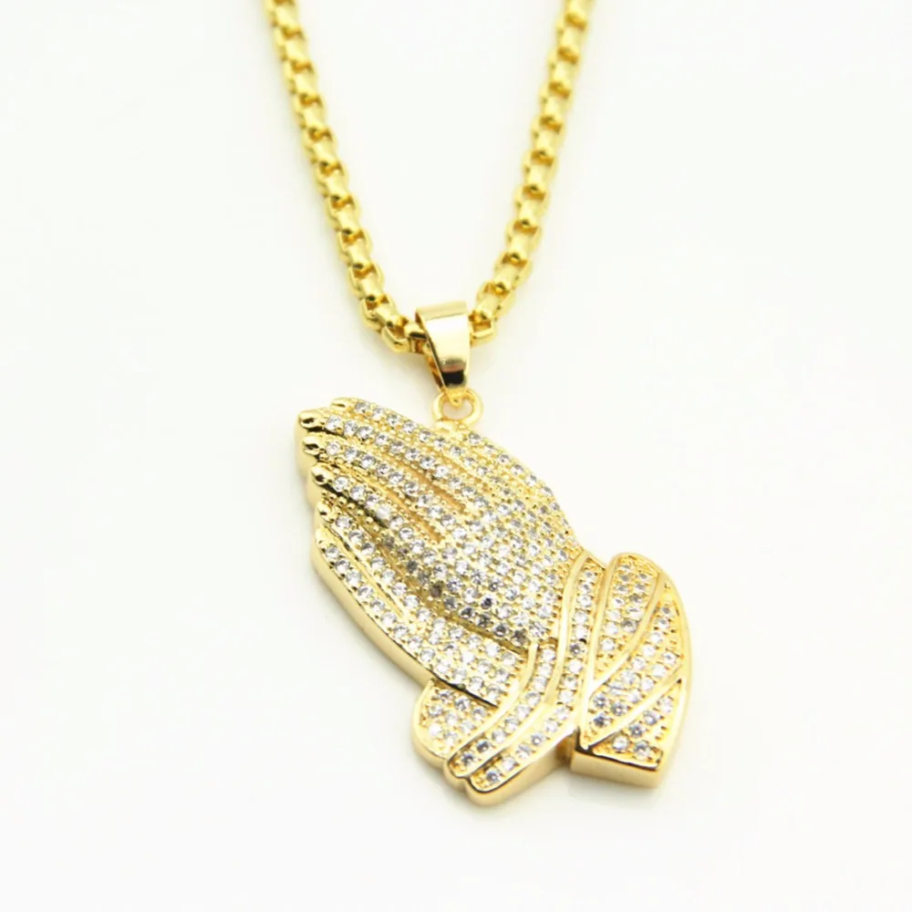 Хип хоп микро проложить Полный горный хрусталь из нержавеющей стали Iced Out Bling Молящиеся подвески в форме рук ожерелья для мужчин дропшиппинг