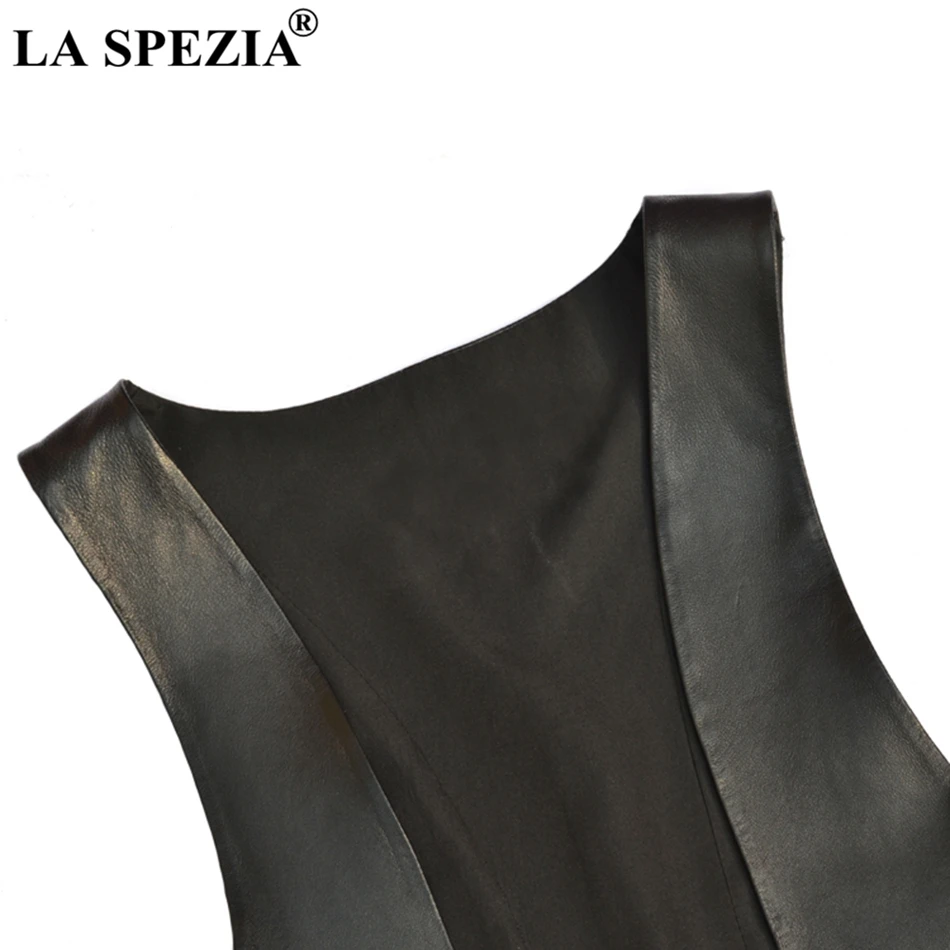 LA SPEZIA, жилет из натуральной кожи, женский, черный, простой, жилет, женский, OL, v-образный вырез, однотонный, из натуральной кожи, женская мода, весенний жилет