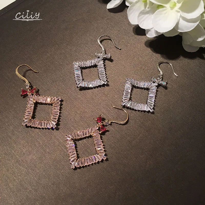 Женские сережки с квадратным бантом Ciliy серебристые микро инкрустацией из