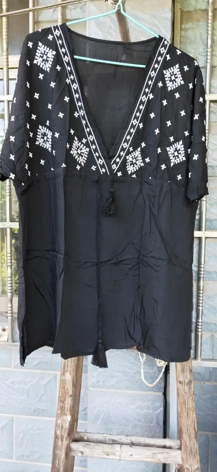 

New Cotton Black Mini Dress V neck Plus size Women Dress Beach Sarong 2021 Embroidery Tassel Ladies Vintage Casual Summer Dress