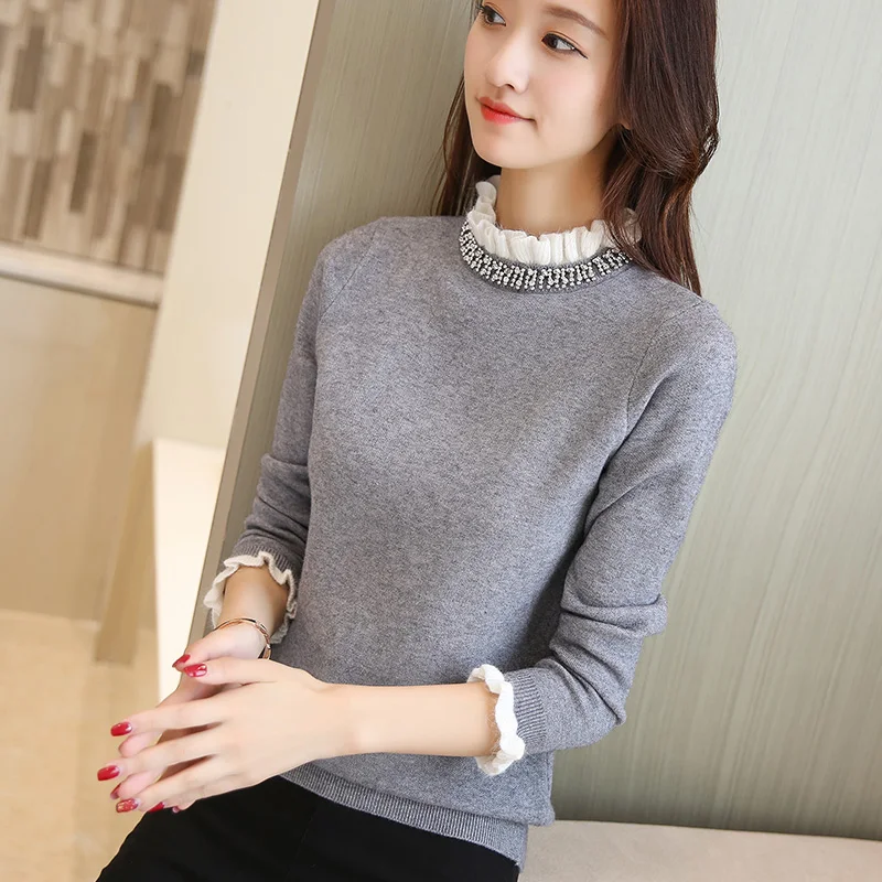 2021 new Autumn and winter long sleeved head fungus collar sweater female Korean version of slim solid knit shirt | Женская одежда