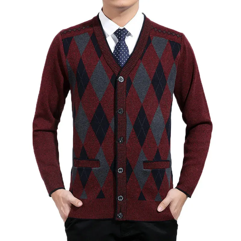 Wine Red Sweater Man Мужской шерстяной кашемировый кардиган, свитера, текстурированный вязаный свитер, мужской кардиган с узором Аргайл, элегантная вязаная одежда, элегантные свитера - Цвет: Wine Red Sweater Man
