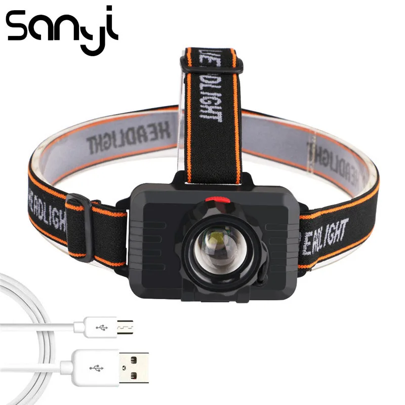 

SANYI T6 USB Rechargeable Built-in Battery Head Lamp ZOOM Headlight Super Bright Headlamp Torch Camping LED Flashlight Forehead