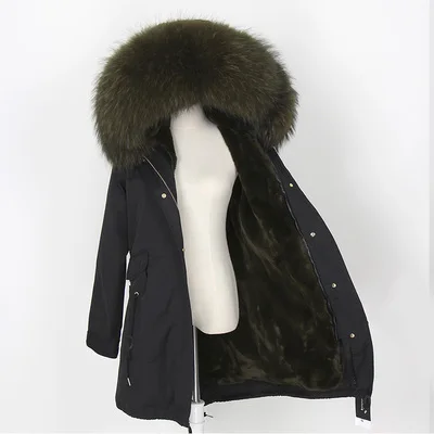 black army green Пальто из натурального меха, зимняя куртка, бренд, Женское пальто, Воротник из натурального Лисьего меха, свободная длинная парка, уличная одежда, новая корейская мода - Цвет: black army green