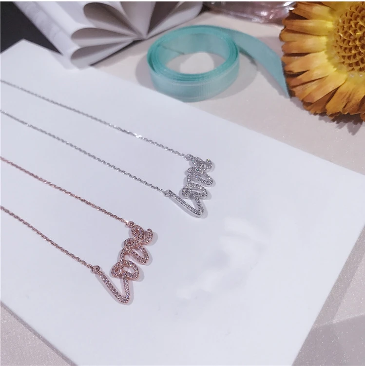Necklace Love Imitation Silver Chain Letter Personality Clavicle 925 Sterling Paved White Cubic Zirconia Necklaces | Украшения и