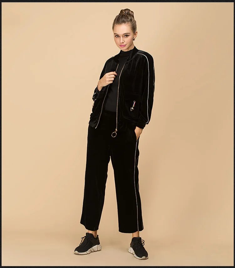 L~ 3XL 4XL роскошный зимний женский бархатный брючный костюм куртка на молнии с длинным рукавом модный велюровый брючный костюм для дам AOFULI B6399
