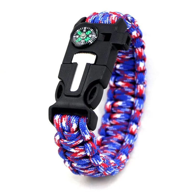 Red Blue White Мужской женский уличный Паракорд, браслет для выживания, многофункциональный, походный, спасательный, аварийный, веревка, браслеты, компас, свисток, нож, 4 в 1 - Окраска металла: Red Blue White