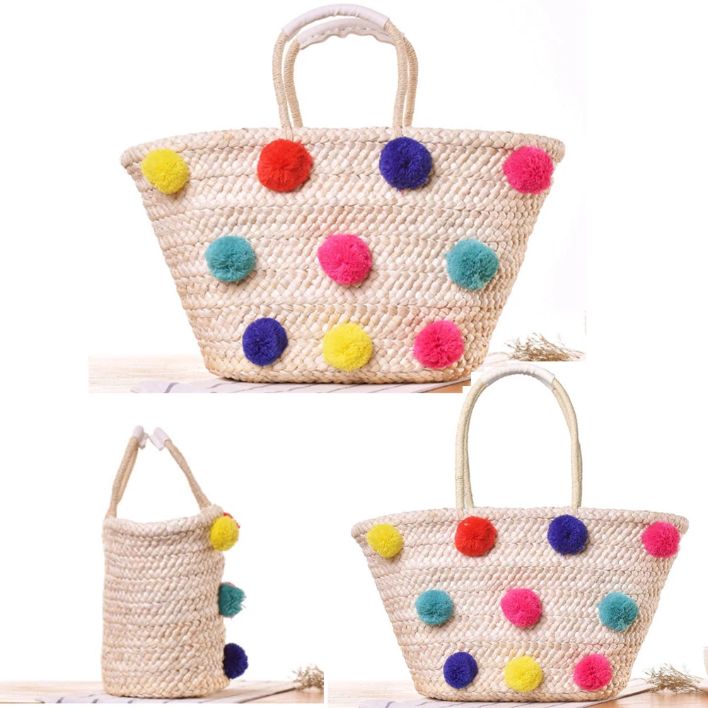 Модная соломенная сумка большие красочные Ёмкость шар-помпон Для женщин Пляжная