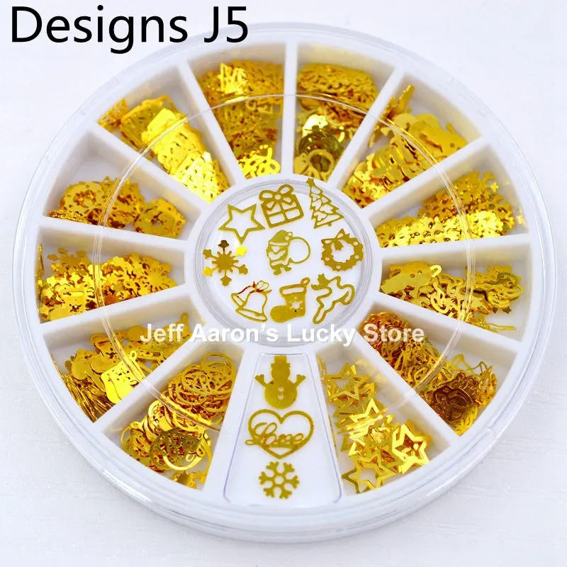 Designs J5 Смешанные 12 форм черный золотой металл Хэллоуин Рождество украшения для ногтей ломтик наклейки на ногти из фольги поддельные ногти аксессуары колеса - Цвет: Designs J5