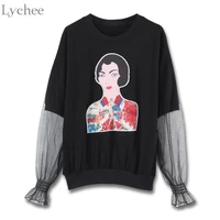 lychee sweet women t shirt character mesh patchwork casual loose long sleeve t shirt spring autumn tee top female