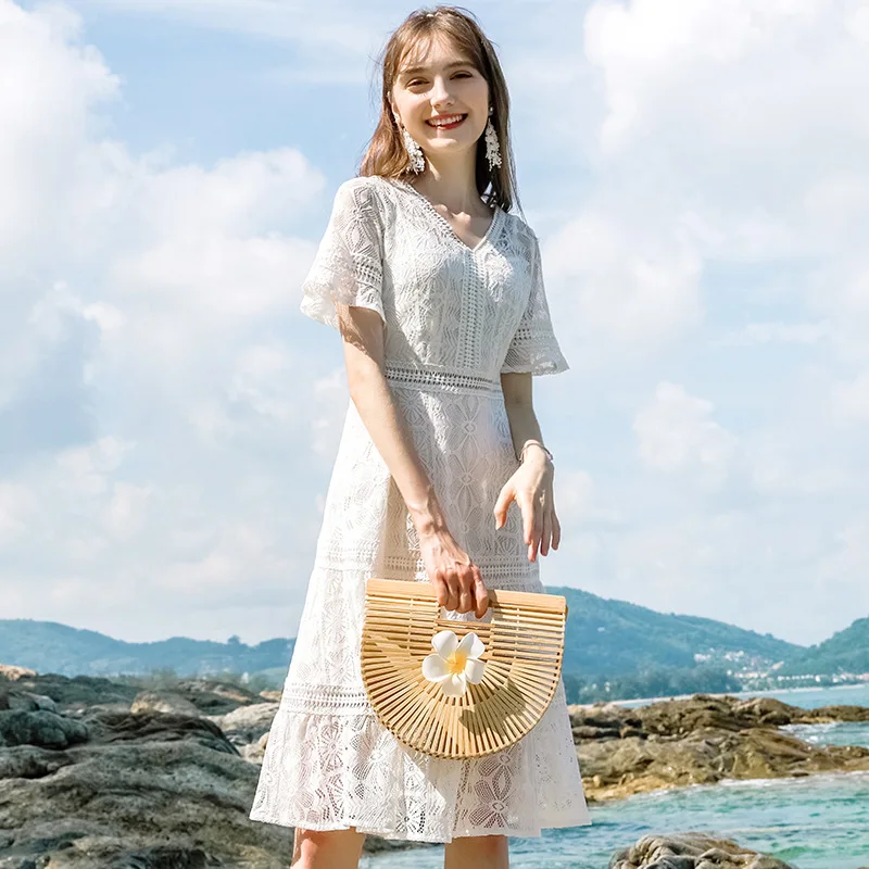 INNASOFAN/летнее шикарное ажурное кружевное платье с высокой талией в европейском и