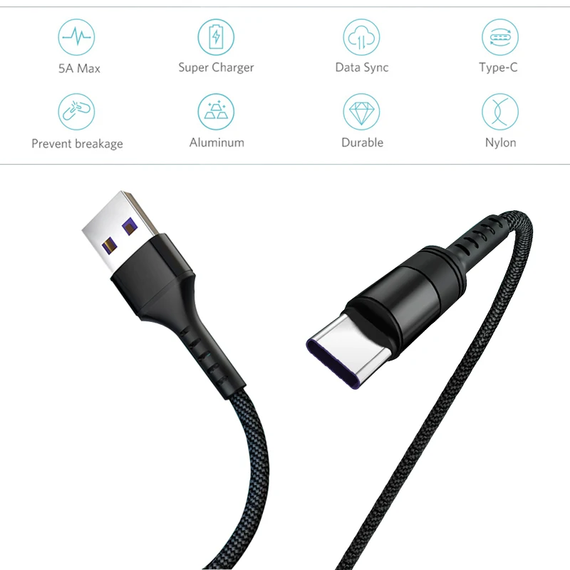 Нейлоновый супер зарядный кабель для телефона USB Type C 5A Быстрая зарядка данных 2в1
