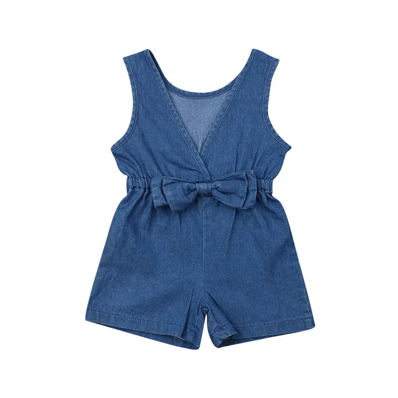 

Kid Denim Rompers Solid Blue Baby Girls Newborn Clothes Cotton Romper Bow Jumpsuit Summer Outfits Set