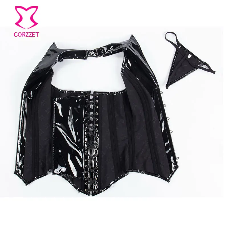 Черный пикантный корсет из ПВХ с лямкой на шее готические корсеты и бюстье одежда