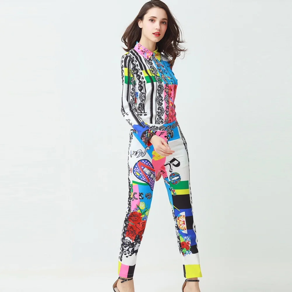 Новейшие Модные модный принт Для женщин комплекты 2018 Высокое качество длинный