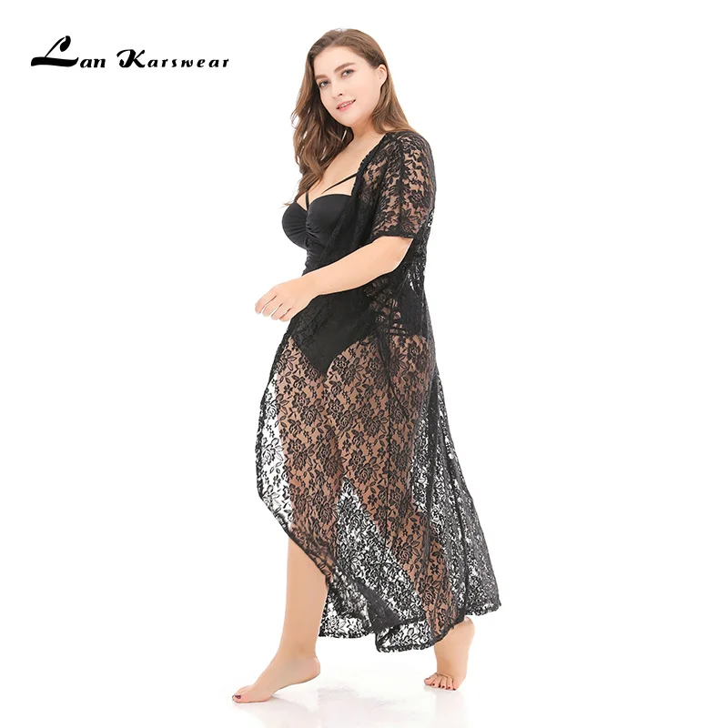 Lan Karswear, Пляжное бикини, длинный, большой кардиган, для женщин, перспективный, вязанный, размера плюс, одежда, открытая, черная, для женщин