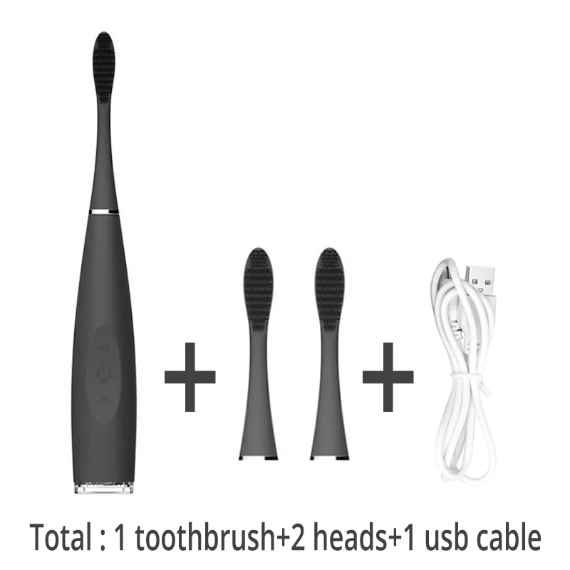 1 Black brush 2head Силиконовая зубная щетка, акустическая волна, USB, звуковая зубная щетка, перезаряжаемая, для отбеливания зубов, вращающаяся, мягкая щетка, головки - Цвет: 1 Black brush 2head