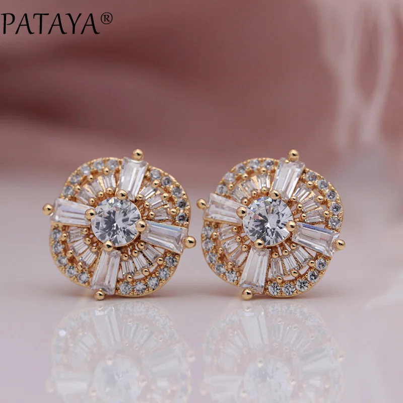 white PATAYA Новое поступление 585 розовое золото многоцветный зеленый круглый натуральный циркон серьги гвоздики для женщин девочек подарок Свадебные Элегантные ювелирные изделия - Окраска металла: white