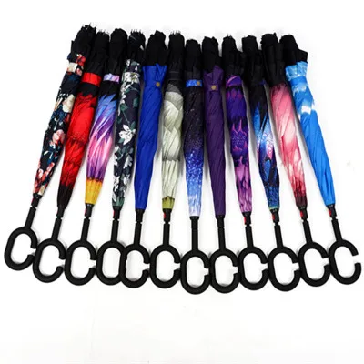 Ветронепроницаемый складной двухслойный обратный Зонт с функцией подставки для