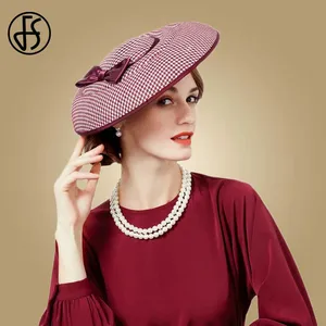 Женская фетровая шляпка-гусиная лапка FS, Шляпка-Таблетка с бантом, для торжественных случаев и торжественных случаев, красная, черная, на лето, 2019