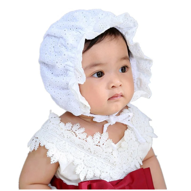 White baby hat Модная кружевная Детская кепка для новорожденных девочек, реквизит для фотосъемки, Детская шляпа, летняя хлопковая детская шляпа, Аксессуары для младенцев, белый, розовый - Цвет: White baby hat
