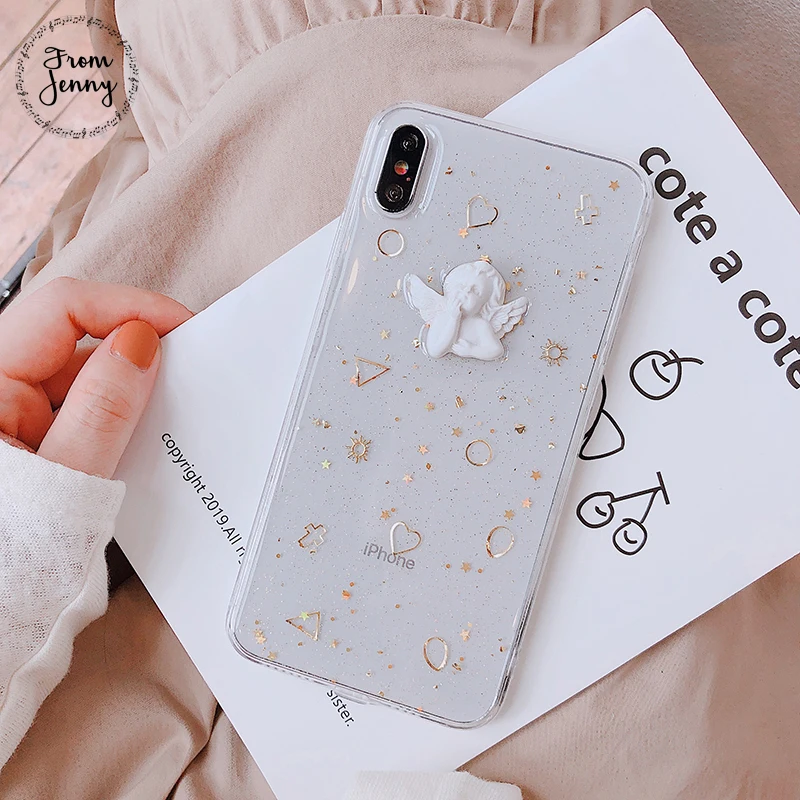 От Jenny эпоксидные блестки для iPhone x xr xs max 66s 78 Plus 11Pro стерео маленький ангел Прозрачный мобильный телефон мягкий чехол