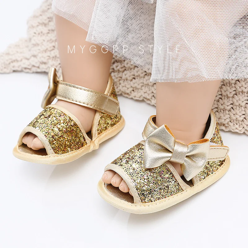 Brand Summer Sequin Bow Girls sandals PU Leather Princess sandals Gift baby moccasins Anti-slip Baby infant sandals