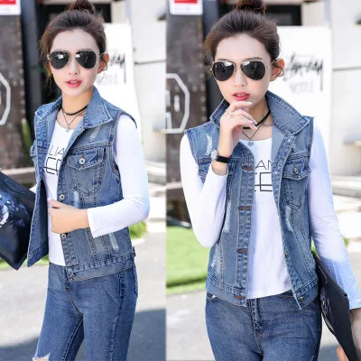Denim blue Весенне-летняя женская джинсовая куртка Верхняя одежда без рукавов корейские универсальные короткие джинсовые жилеты однобортные повседневные топы - Цвет: Denim blue