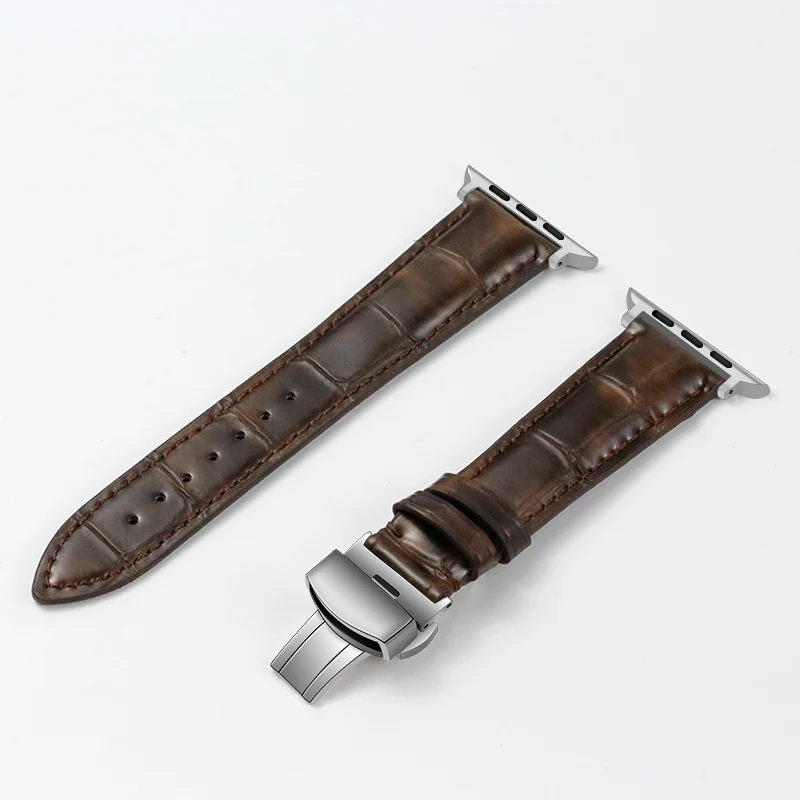 Silver-brown Кутить, из телячьей кожи, кожаный браслет для наручных часов Apple Watch, версии 4/3/2/1, 42 мм, 38 мм, версия для наручных часов Apple Watch, ремешок для iWatch, Версия 44 мм 40 мм ремешок для часов - Цвет ремешка: Silver-brown