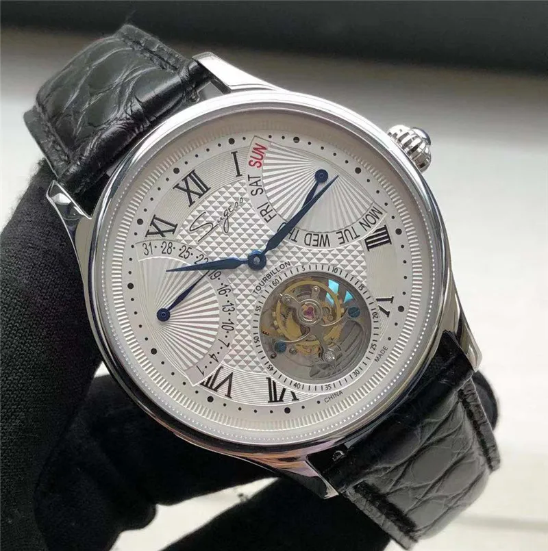 Роскошные часы ST8004 Tourbillon, мужские часы из крокодиловой кожи с календарем, дисплеем недели, мужские механические часы с ручным заводом, водонепроницаемые часы 5ATM
