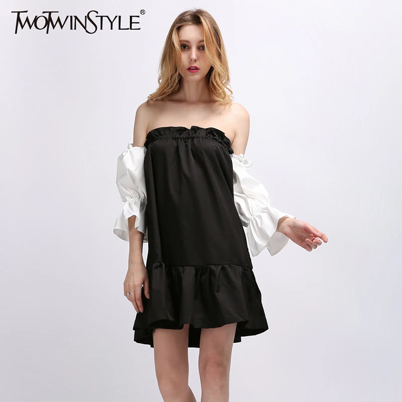 Женское мини платье TWOTWINSTYLE летнее с оборками открытыми плечами расклешенными