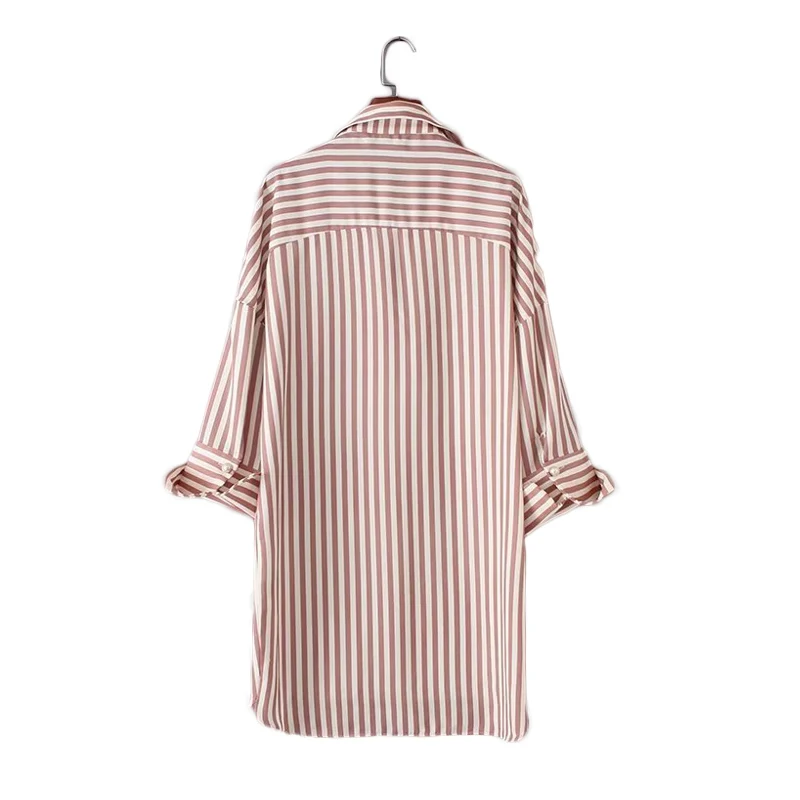 Женская Длинная блузка с вышивкой Повседневная рубашка розового цвета в полоску