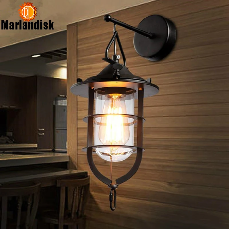 

E27 Vintage Black Metal Wall Light Especial Cage With Clear Glass Shade Wall Lamp Bedside Light For Bedroom Living Room Parlor