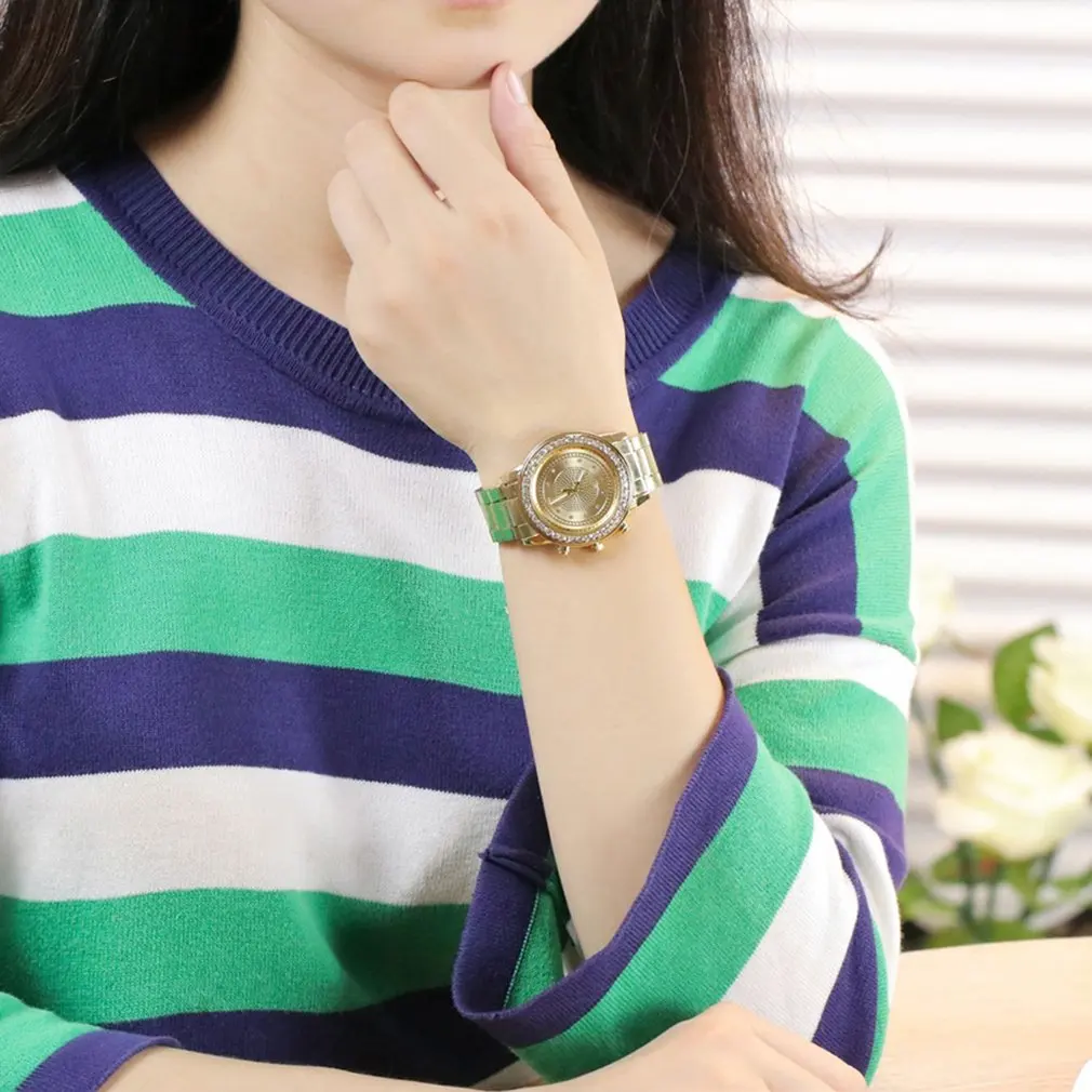 Блестящий циферблат золотой Стальной ремешок деловые мужские женские кварцевые