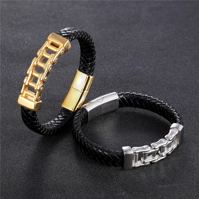 Hip Hop Bike Chain Charm Bracelets For Men Stainless Steel Gold Bicycle Genuine Leather Bracelet homme Rock Jewelry Gifts | Украшения и