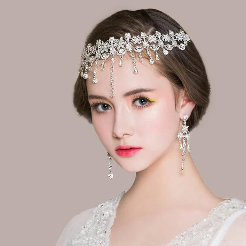 

Fashion Crystal Tassel Necklace Earrings Jewelry Set Wedding Dress Accessories Necklaces Forehead Jewelry Bridal Jewelery