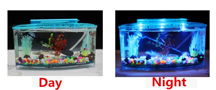 Светодиодный светильник для аквариума из акрила с тремя разделениями Betta Fish Tank с тройным бантом и изоляцией люка, коробка для пород синего и фиолетового цветов AT007