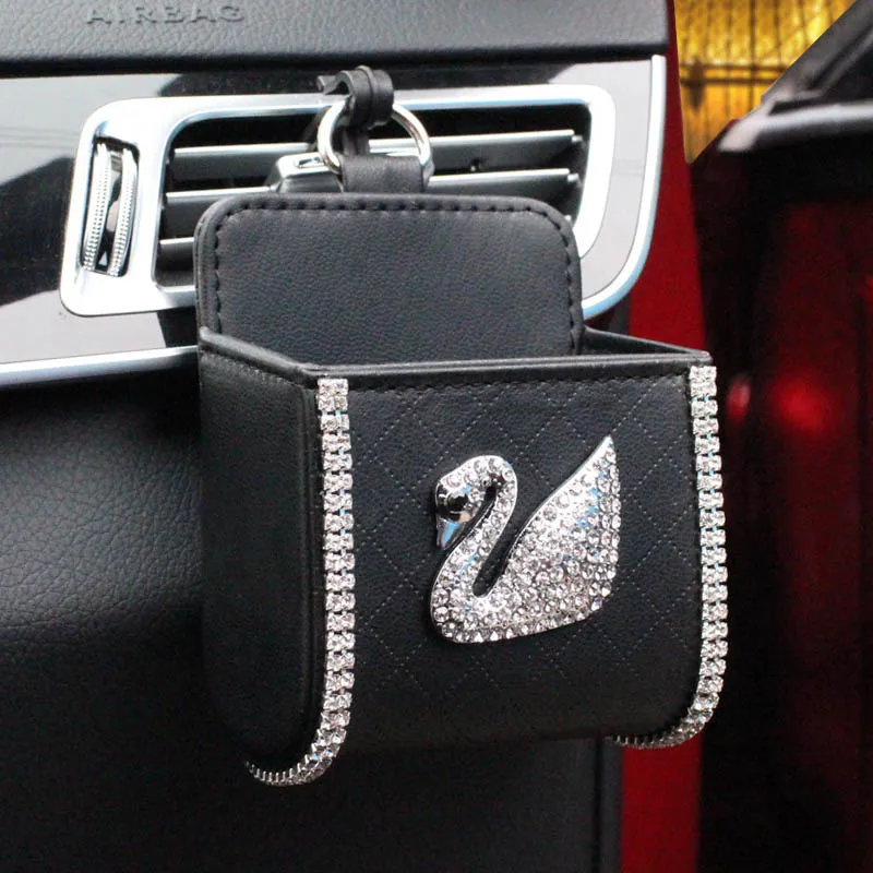 Swan Автомобильный Стайлинг Корона кристалл Кожаный Автомобильный выход вентиляционное отверстие мусорный ящик держатель для мобильного телефона сумка для хранения Чехол автомобильные аксессуары - Название цвета: Swan